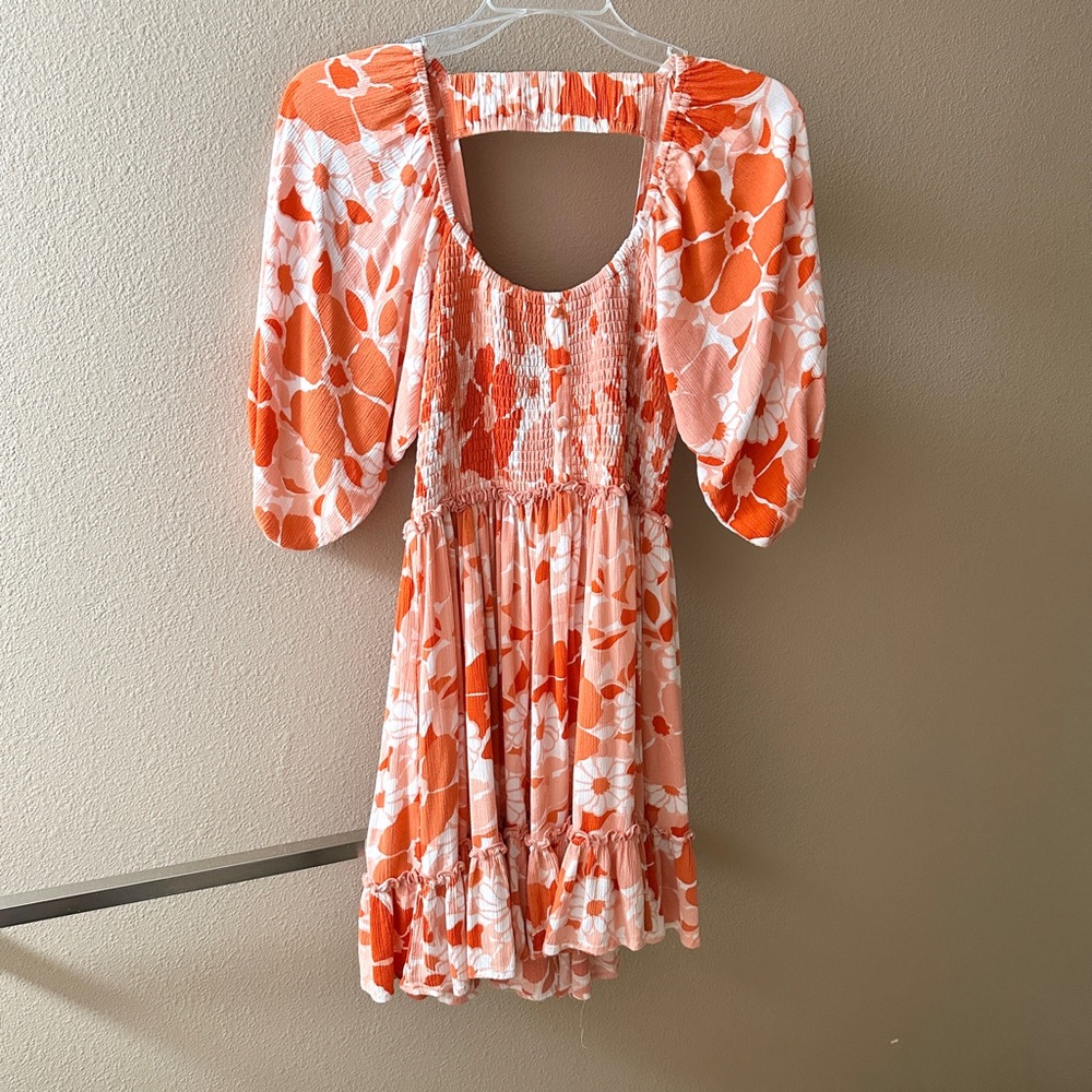 Boho Orange Floral Balloon Sleeve Dress
